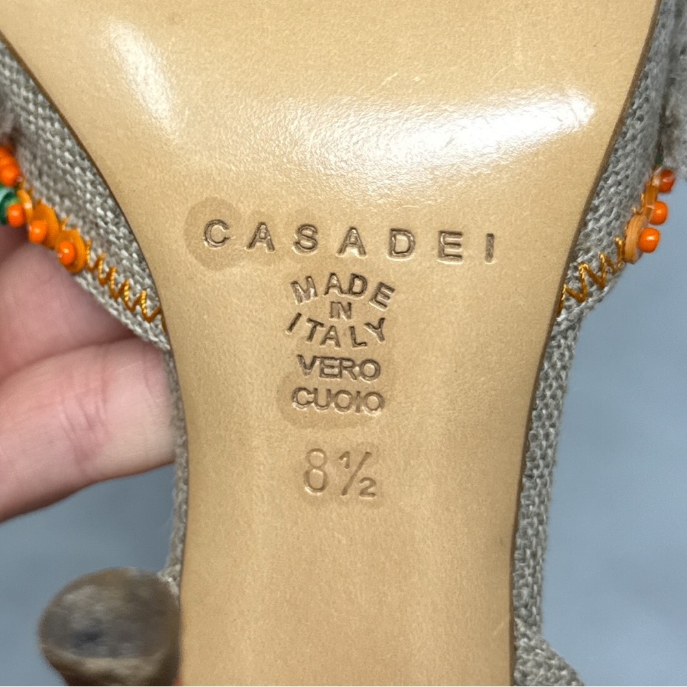 CASADEI Vintage Y2K Shell Beaded Burlap Canvas Leather Slingback Heels 2000s 8.5 - Picture 13 of 16